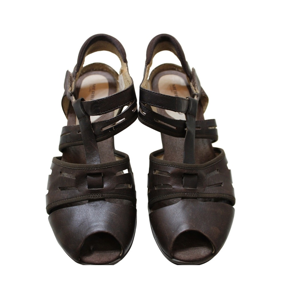 Merrell Evera Band Bracken Sandals Womens 9 Brown Good Leather Peep Toe Heels